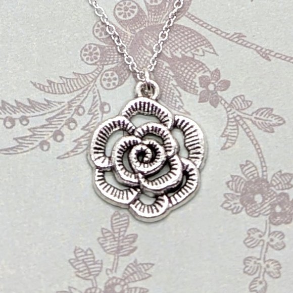 Baroque Vintage Jewelry - Gothic 10 Petalled Rose Silver Necklace